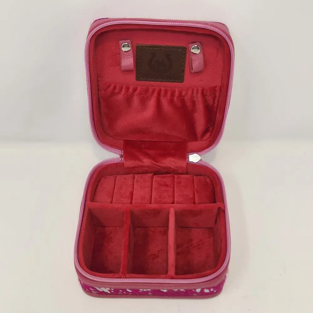 Western Linens Cowhide Leather Square Jewelry Case Box Pink Metallic Silver